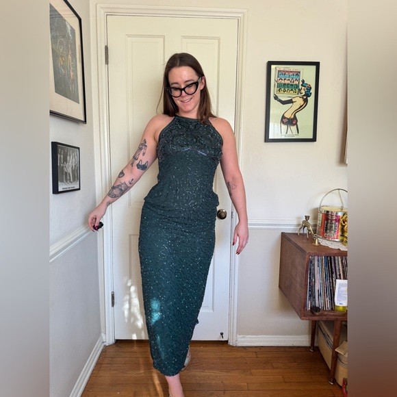 90s Vintage Lawrence Kazar Floor Length Beaded Gown - Picture 1 of 7